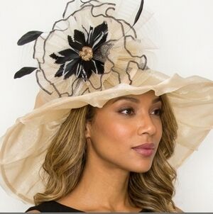 Beloved Millinery 2 in 1 Fabulous Cream Black Wide Brim Fascinator Hat Derby Tea